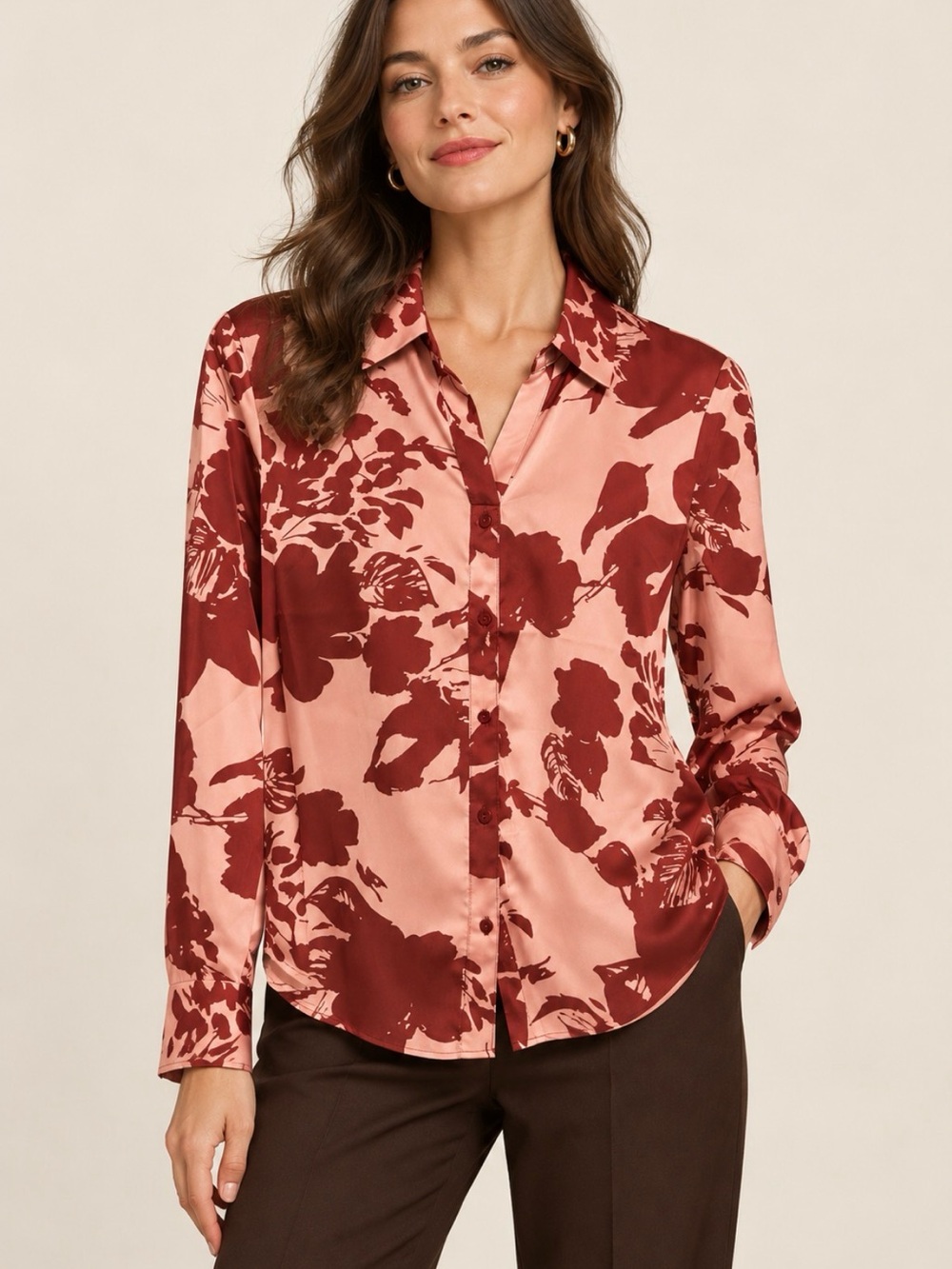 Maison d’Amélie Paris S Pink Burgundy Floral Button Down Blouse Retro